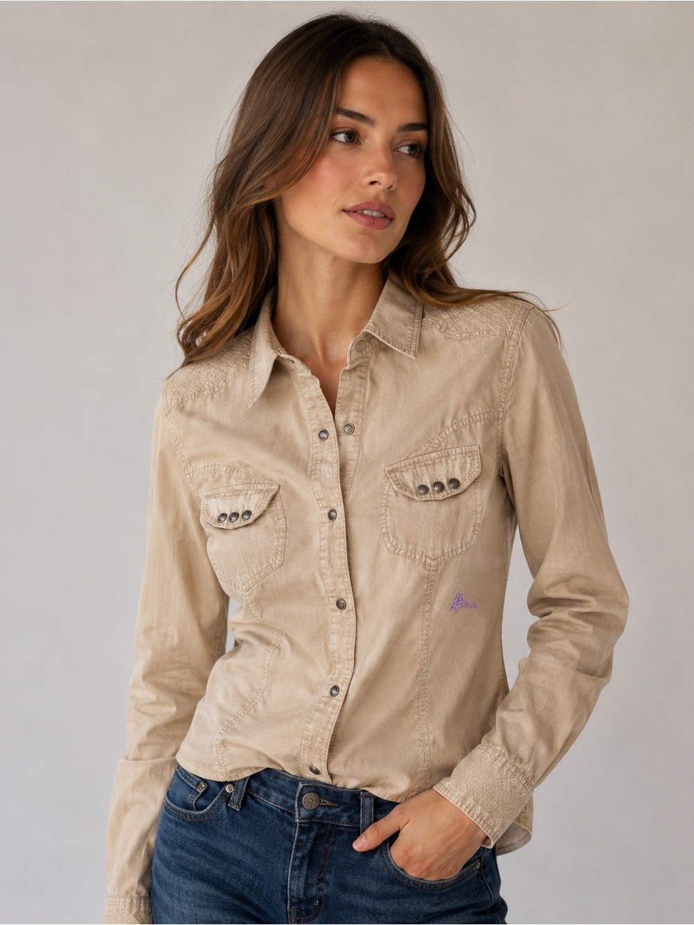 Vtg REPLAY Italy Western Utility Khaki Snap Button Shirt Women's S Y2K